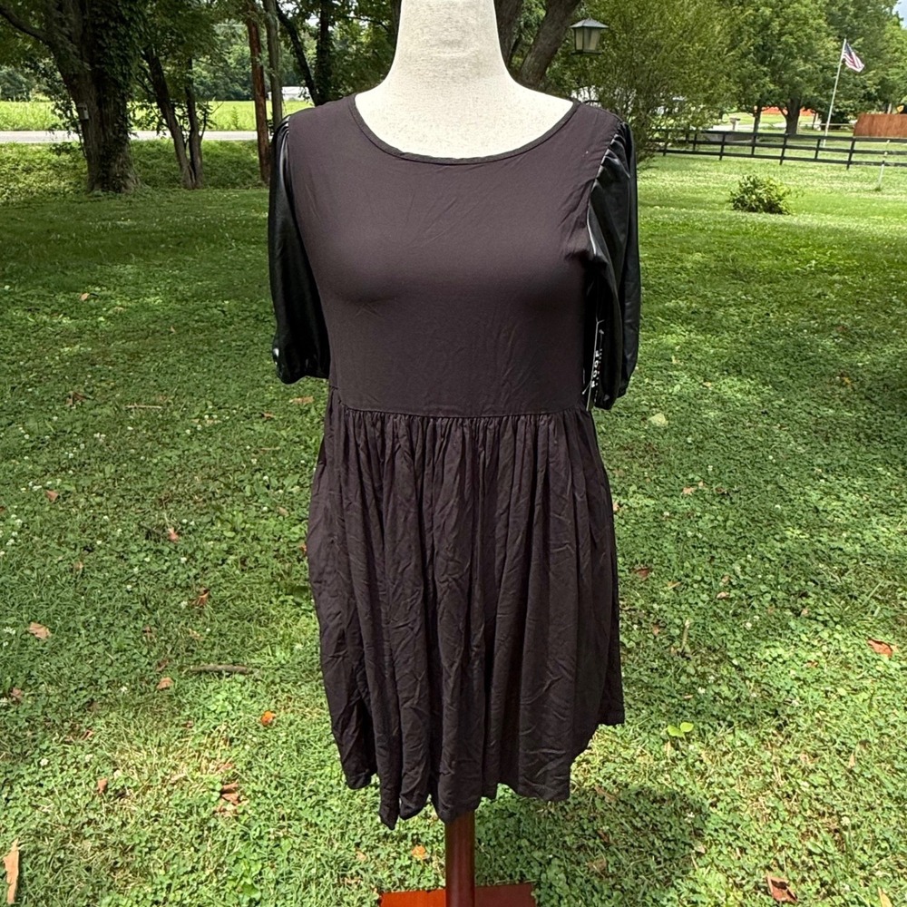 Poof NY Black Babydoll Dress Faux Leather Puff Sleeve NWT L Whimsigoth Coquette